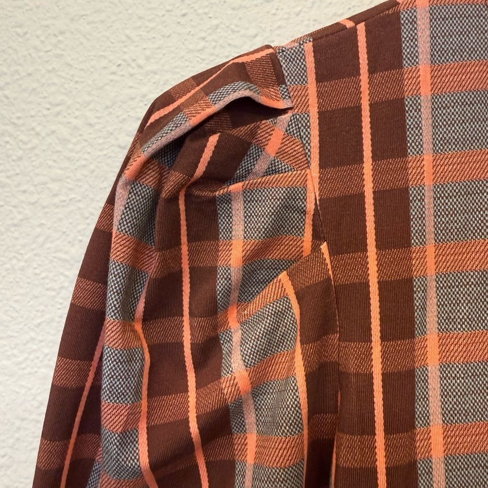 Tanya Taylor Maroon|Peachy Pink|Baby Blue Plaid Puff-Sleeve Midi Dress - Medium - Picture 4 of 7